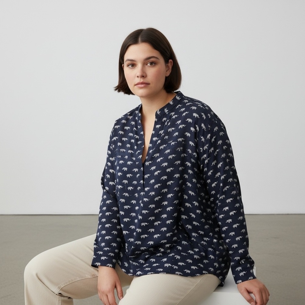 Womens Navy Blue All Over White Elephant Print V Neck Long Sleeve Tunic Top‎ 4XL